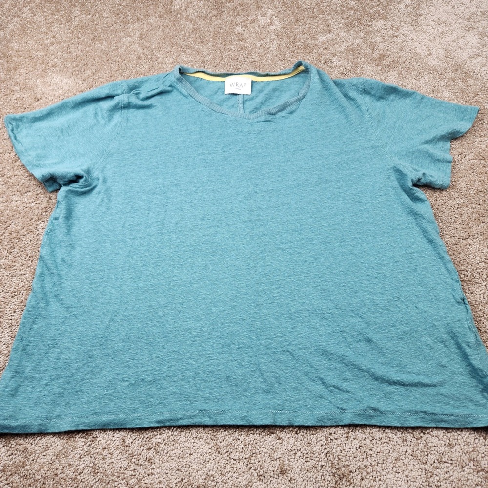 Wrap London Teal Blue 100% Linen Short Sleeve Crew Neck Tee Top US 14 ZR04